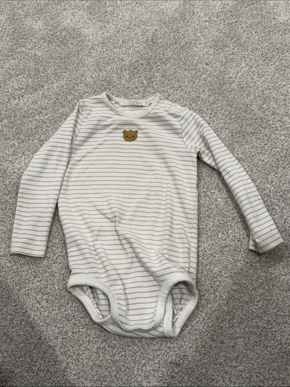 Long-Sleeve Baby One-Piece with Bear Patch - Cream + light pink/grey stripe